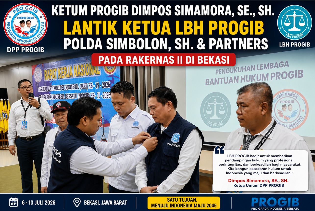 KETUM PROGIB Dimpos Simamora, SE., SH. Lantik Ketua LBH PROGIB Polda Simbolon, SH. & Partners pada RAKERNAS II di Bekasi