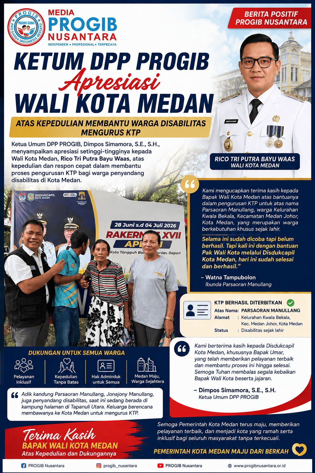 Ketum DPP PROGIB Apresiasi Wali Kota Medan atas Kepedulian Membantu Warga Disabilitas Mengurus KTP